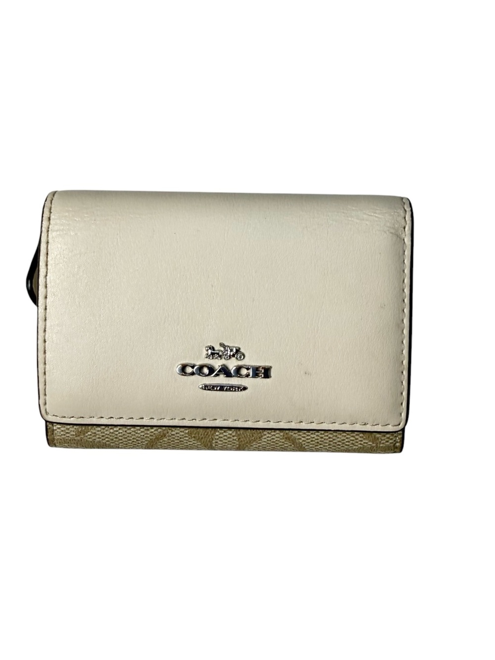 COACH Cream Leather & Signature Canvas Small Trifold Card Case